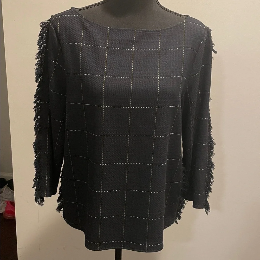 H&M Plaid Top Blouse Women Size 10 Black Blue  Yellow Subtle Decorative Fraying - Picture 2 of 14